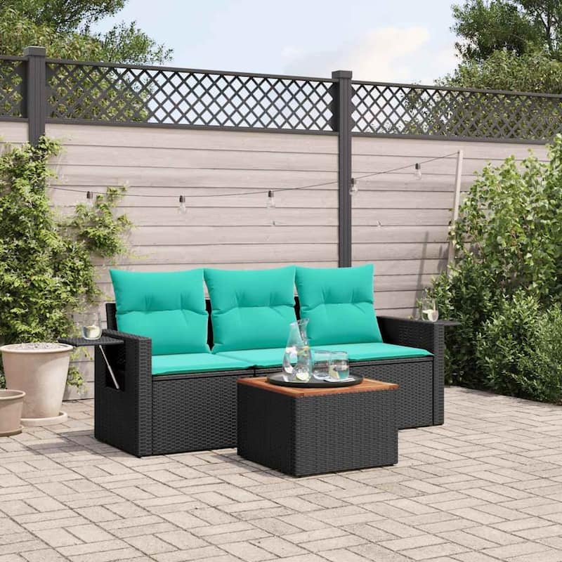 vidaXL 4 Piece Patio Sofa Set with Cushions Gray/Black Poly Rattan - 21.7" x 24.4" x 27.2" - Black and blue