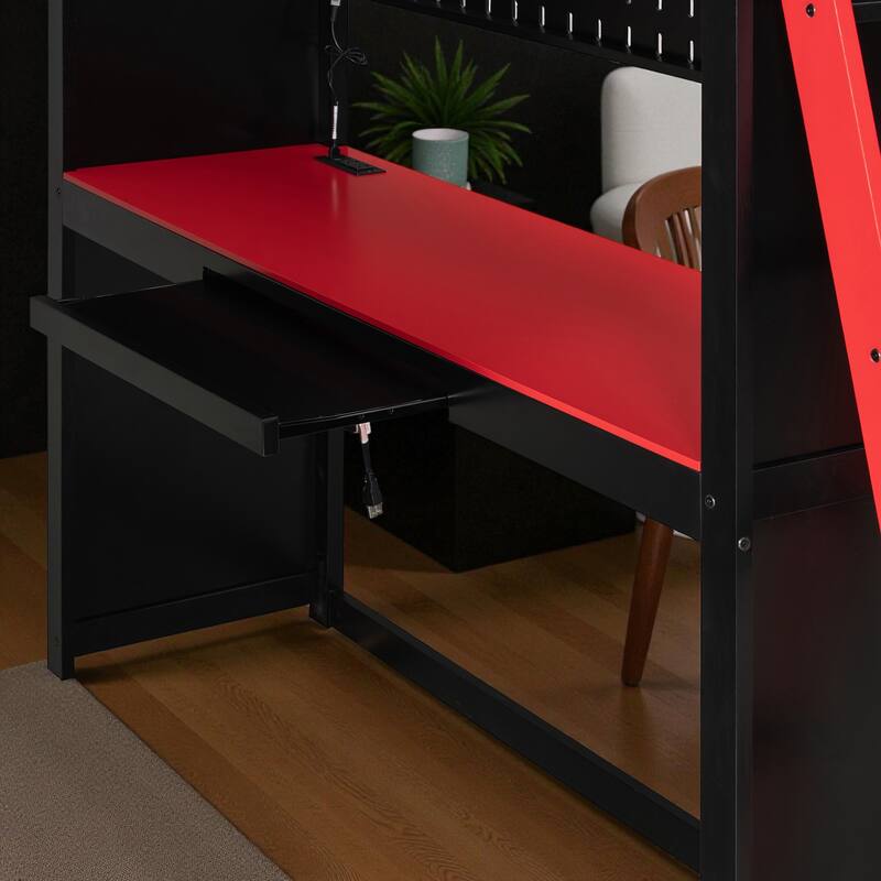 Full Size Loft Bed with Wardrobe, Desk, Shelves, Blackout Curtains & RGB Lights, Workstation with USB Port