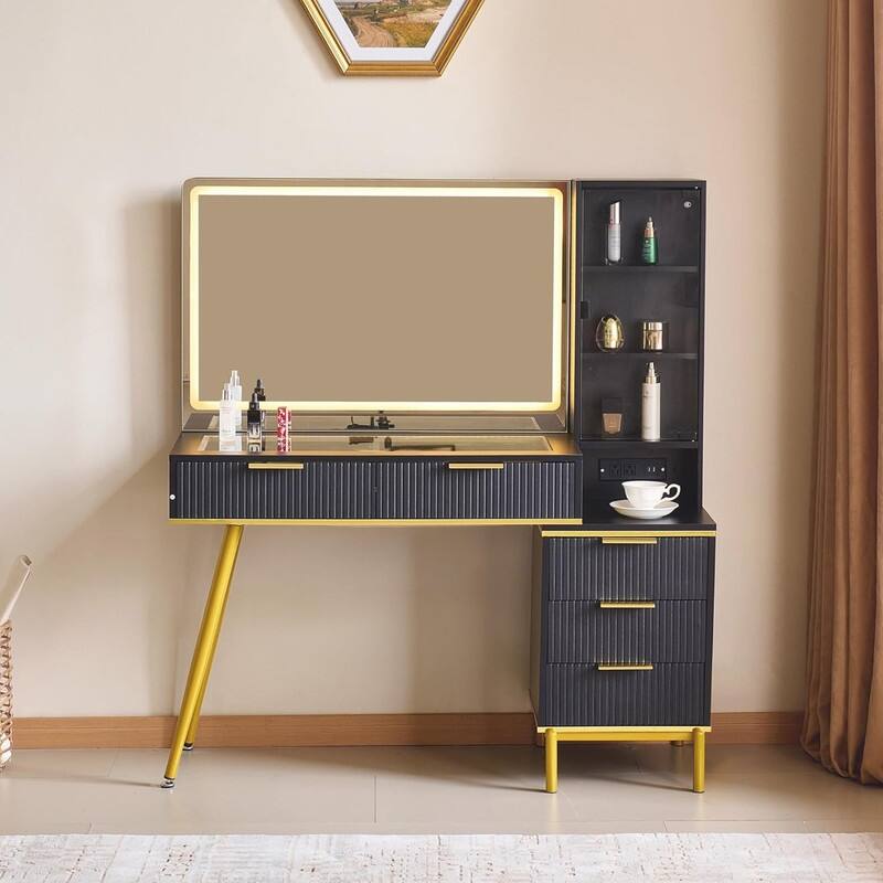 Fluted Makeup Vanity Desk with LED Lights & Outlet, 5 Drawers, 3 Light Modes