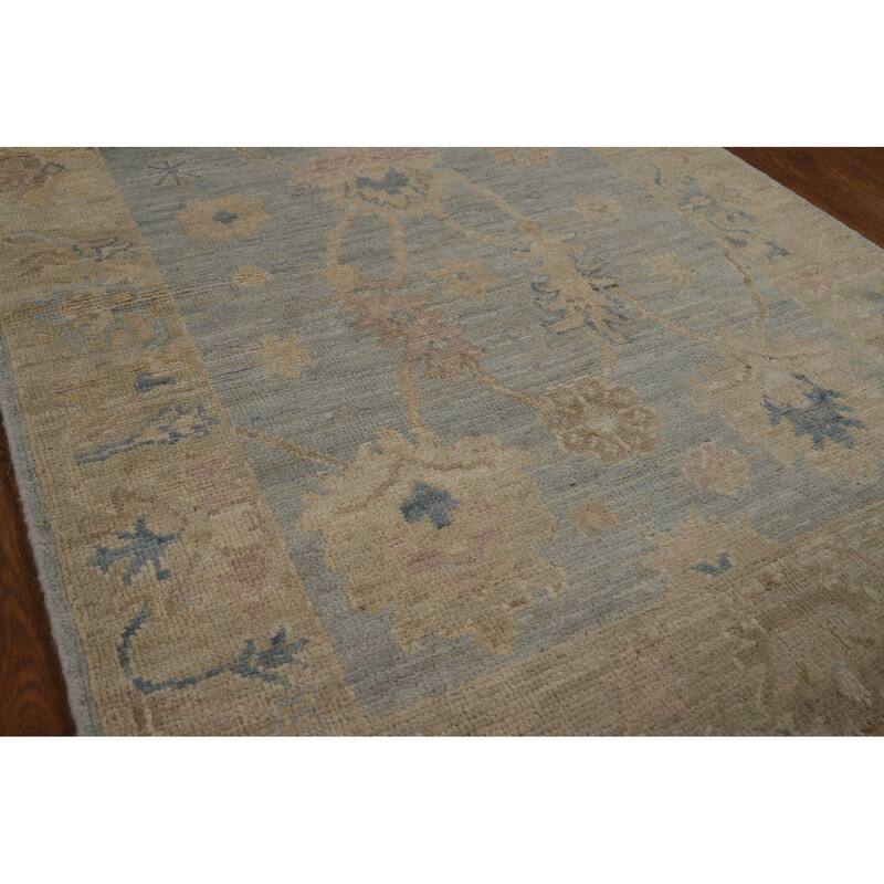 Vegetable Dye Blue Oushak Turkish Runner Rug Hand-Knotted Wool Carpet - 3'1" x 11'8"