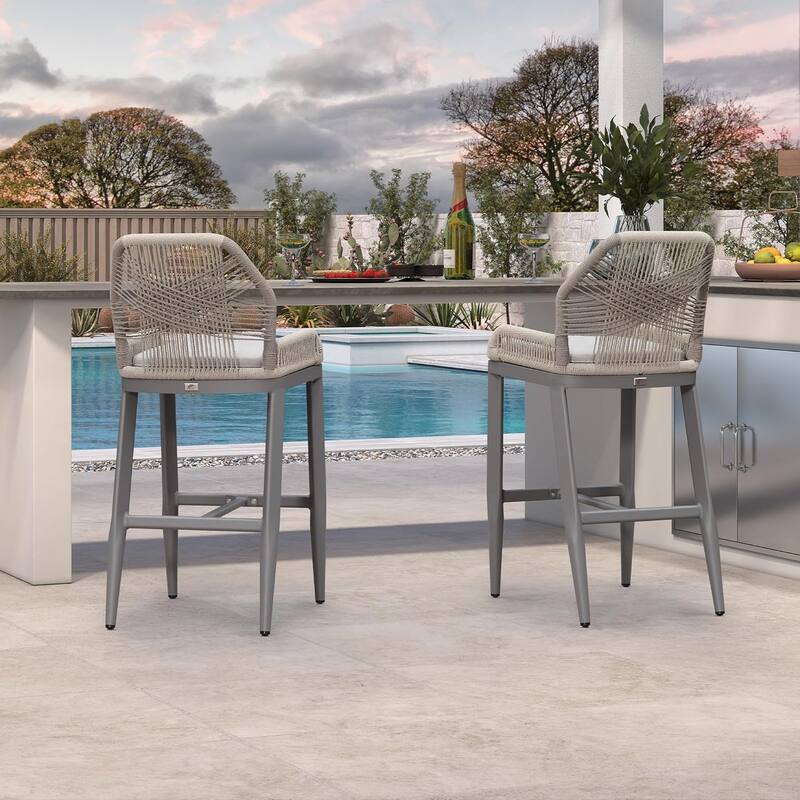 PURPLE LEAF Outdoor Bar Stools Chair Set of 2, All Weather Rattan and Aluminum Patio Bar Stool with Cushion - Light Grey-Height stool