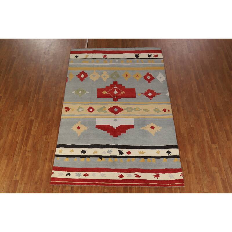 Hand Knotted Oriental 100% Wool Carpet Modern Geometric Greys & Charcoal Gabbeh Area Rug - 9' 2'' X 6' 0''