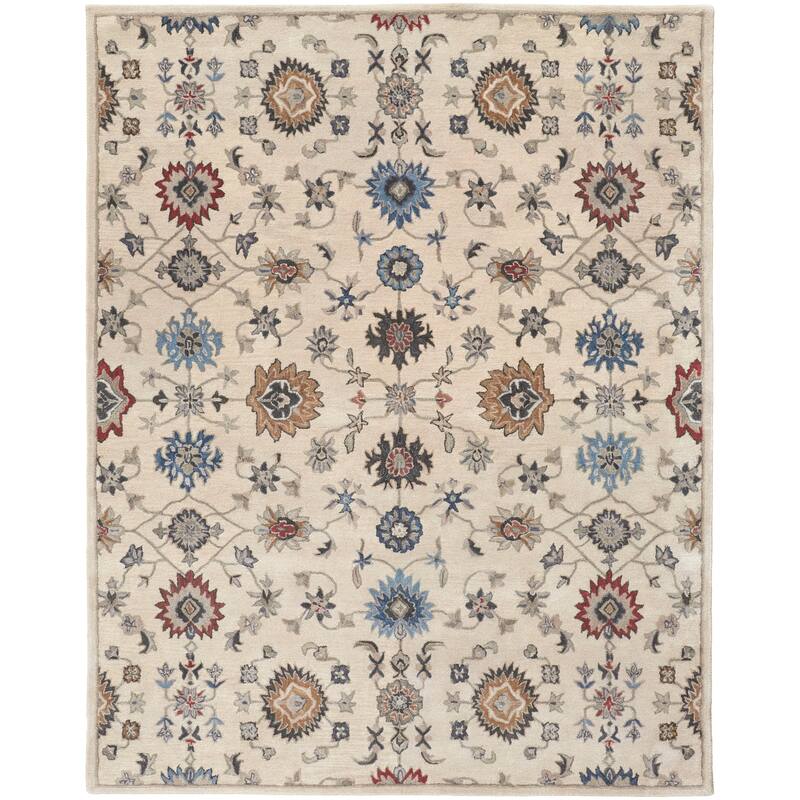 Ornamental Geometric Floral Ivory Persian Transitional Rug - 10' x 14' - Ivory/Blue/Tan