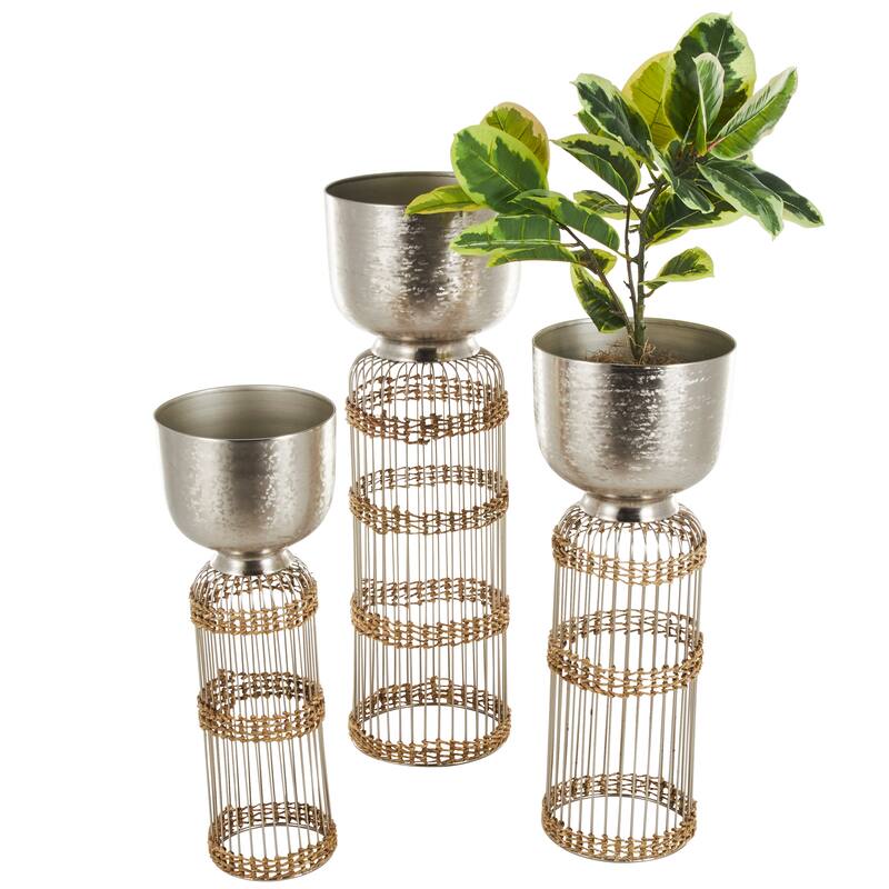 Silver or Gold Metal Caged Wire Planter with Woven Seagrass Accents (Set of 3)