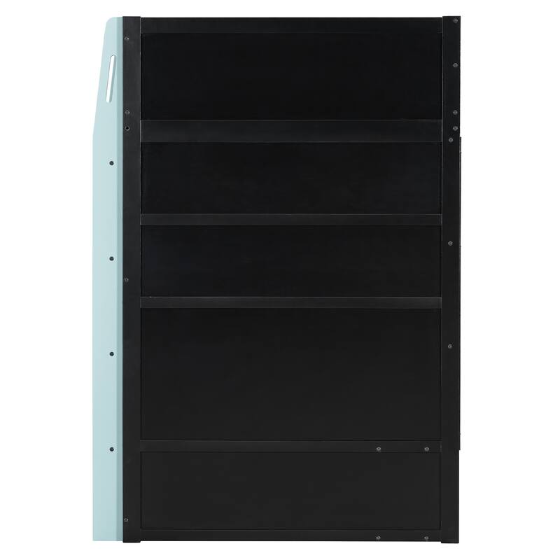 Esports Twin Loft Bed with Desk, Multi-storage Shelves and Light Strip