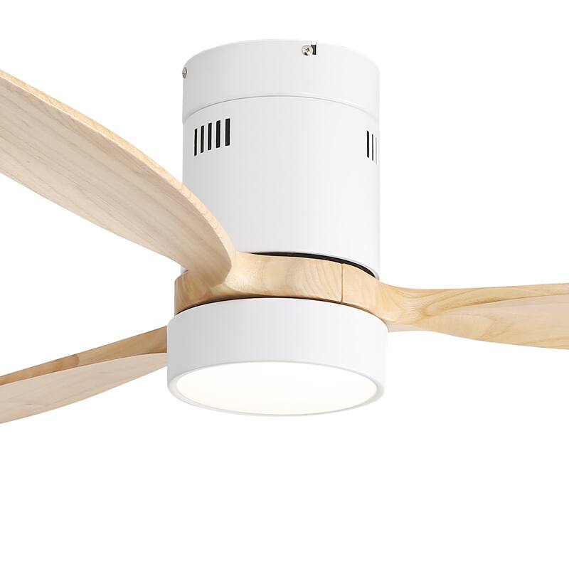52 Inch Flush Mount Ceiling Fan DC 3 Solid Wood Fan Blade Noiseless Reversible Motor Remote Control With Light - White