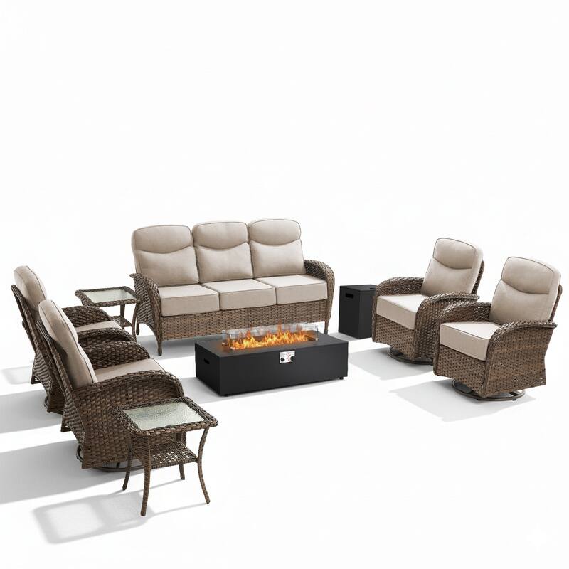 Luna 8-Piece Wicker Outdoor Patio Fire Pit Sofa Set with 6-Inch Thick Cushions