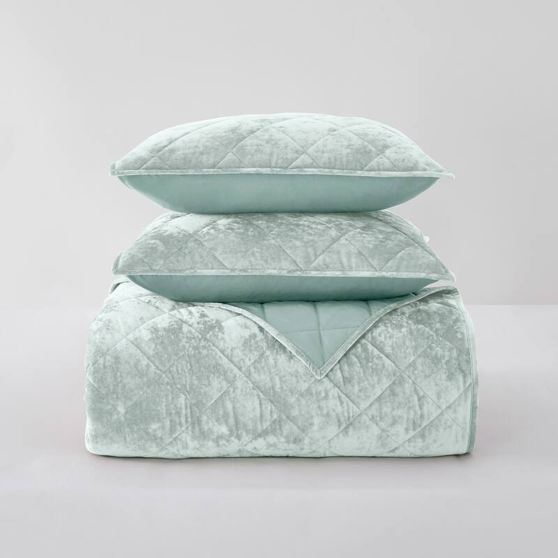 Beaute Living Diamond Velvet 3 Piece Quilt Set - Grayish green1 - Full - Queen