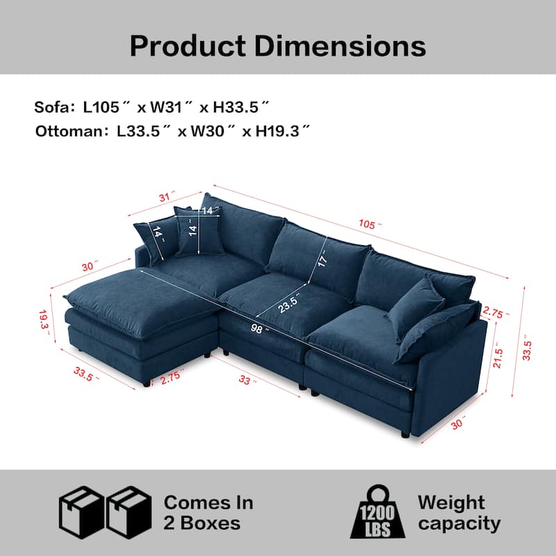 Chenille Upholstered L-shaped Sectional Sofa 3 Seater Modular Couch with Ottoman, Pillows and Double Layer Seat Cushions