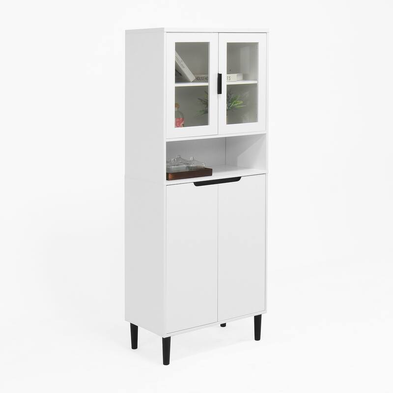 Tall Storage Show Cabinet with 2 Glass Display Door & 2 Doors, Kitchen Pantry Cabinet with Gold Handles，Cabinet Freestanding