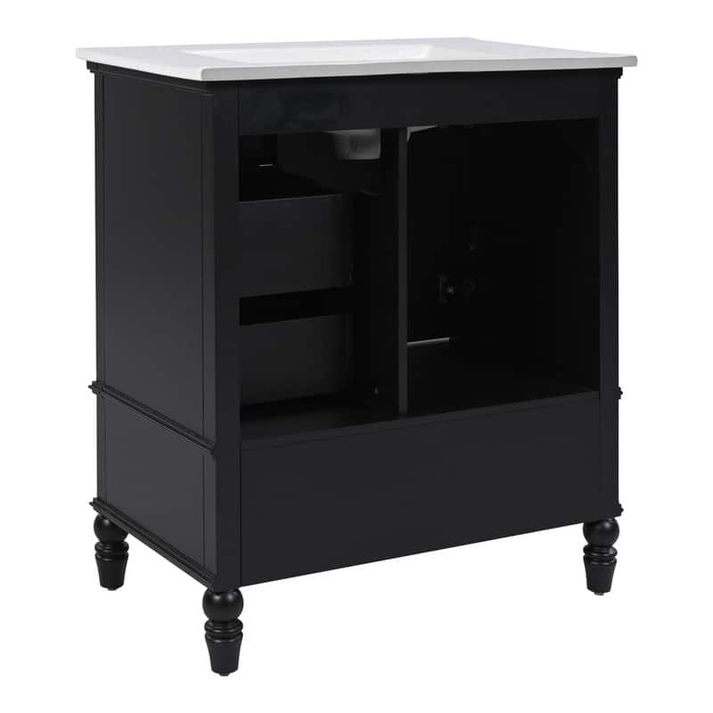 30" Bathroom Vanity with Ceramic Sink Top, Modern Bathroom Storage Cabinet with 1 Door, 3 Drawers and Solid Wood Legs