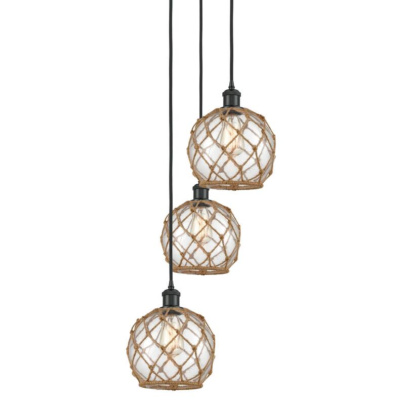 Innovations Lighting 113B-3P-31-15 Farmhouse Rope Pendant Farmhouse - Matte Black / Clear Glass with Brown Rope