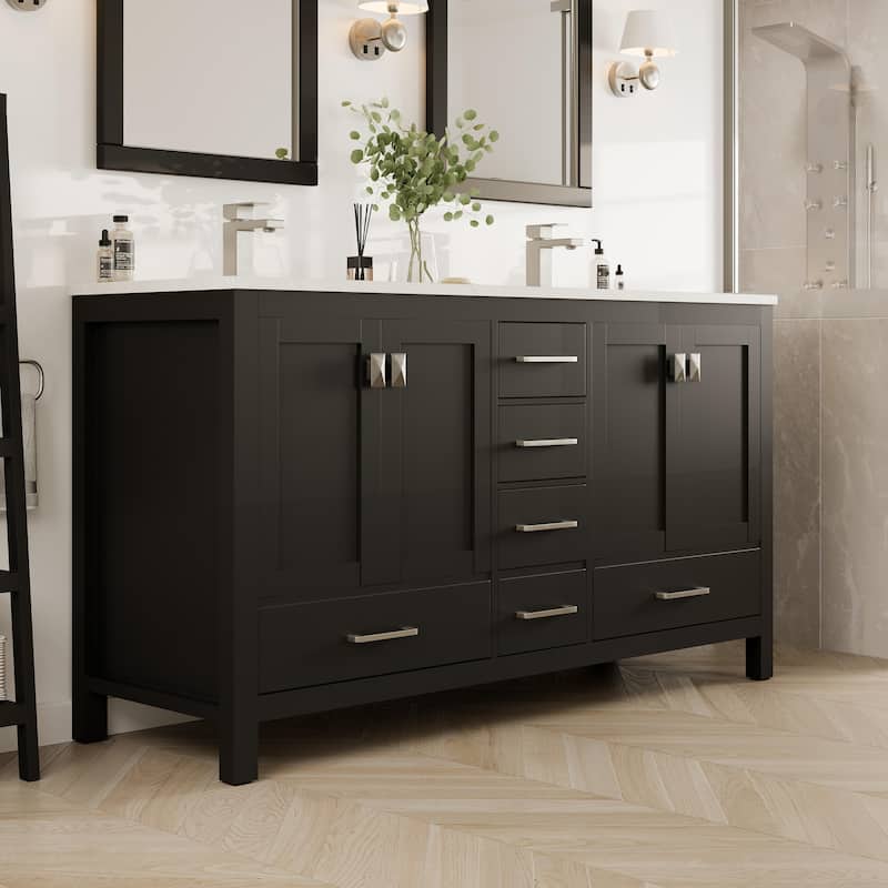 London 60"W Espresso DS Bath Vanity with WH Carrara Quartz Top
