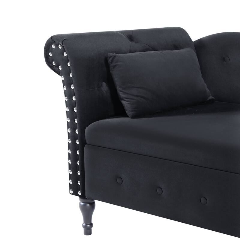 60" Velvet Multifunctional Storage Chaise Lounge Buttons Tufted Nailhead Trimmed Solid Wood Legs with 1 Pillow