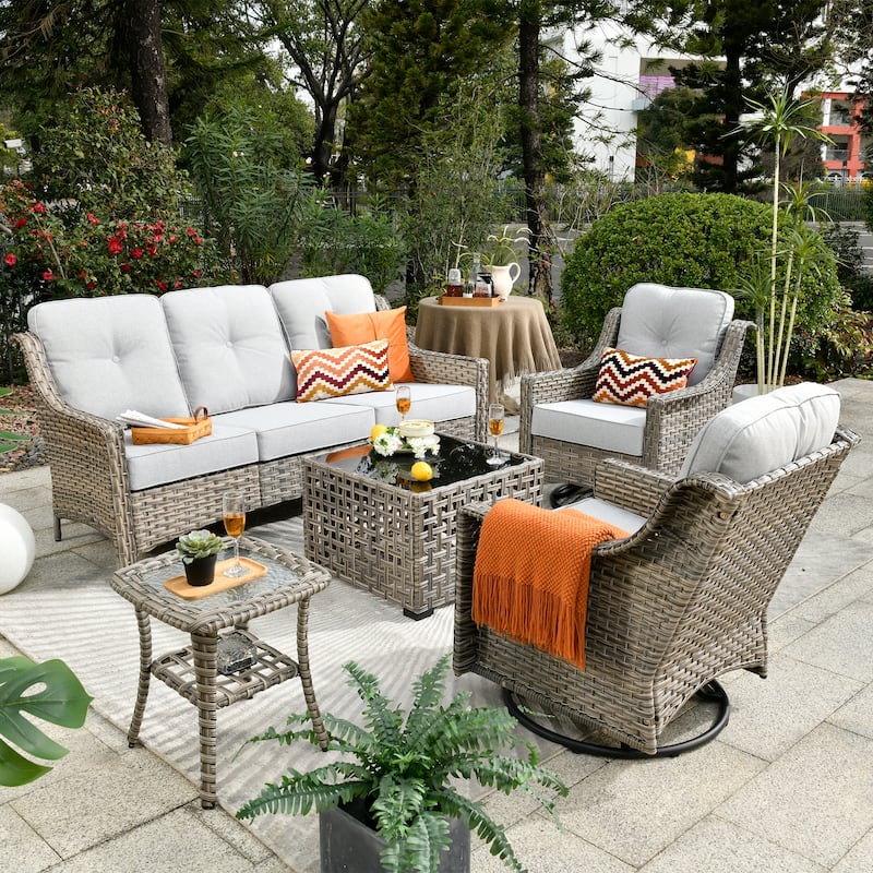OVIOS 5 Pieces Outdoor Wicker Swivel Chair Set With Solar-Powered Table - Light Gray