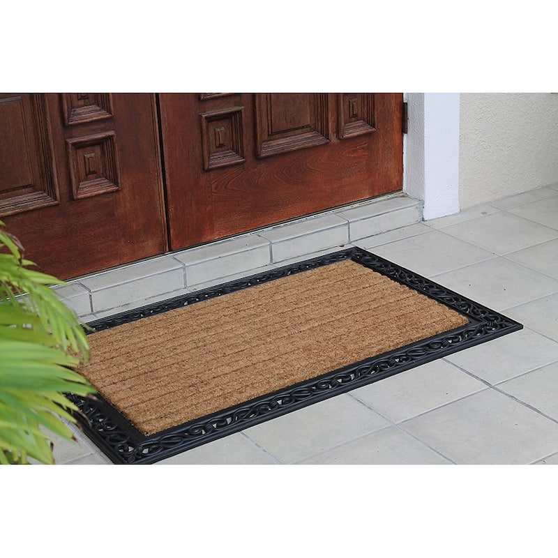 A1HC Rubber and Coir Classic Paisley Border Flocked Double Doormat, Black