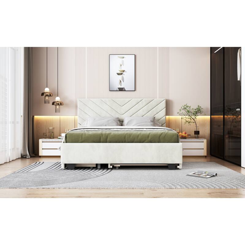 Twill Upholstered Bed with Twin Trundle & Drawers, Queen Size, Beige