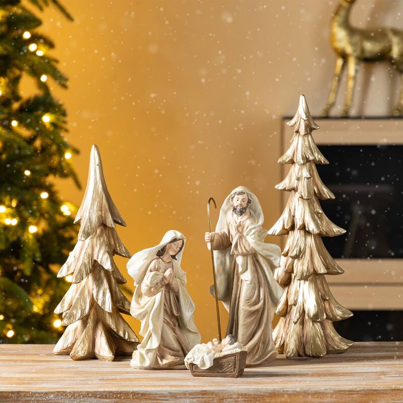Glitzhome S/5 24.5"H/14"H White/Gold Resin Holy Family Nativity with Christmas Trees