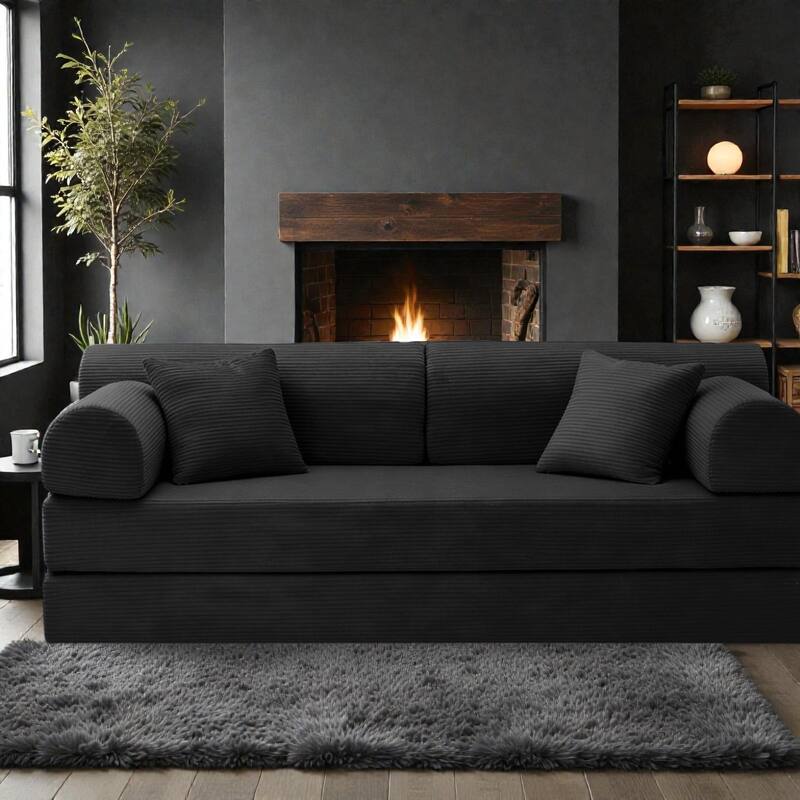 Convertible Sleeper Sofa Bed, 4-in-1 Corduroy Folding Floor Couch with Cylindrical Pillow, 2-Seat Space-Saving Lounge Sofa
