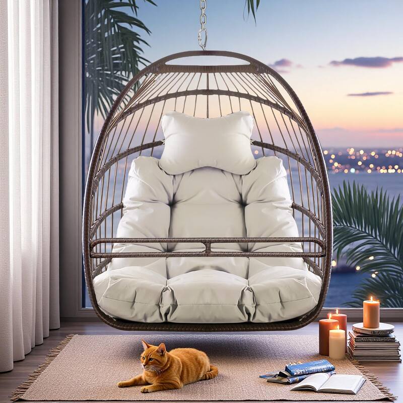 Rattan Metal Hanging Egg Chair with UV-Resistant Cushion, 350lb Capacity,and Foldable Frame for Indoor/Outdoor Use - beige brown