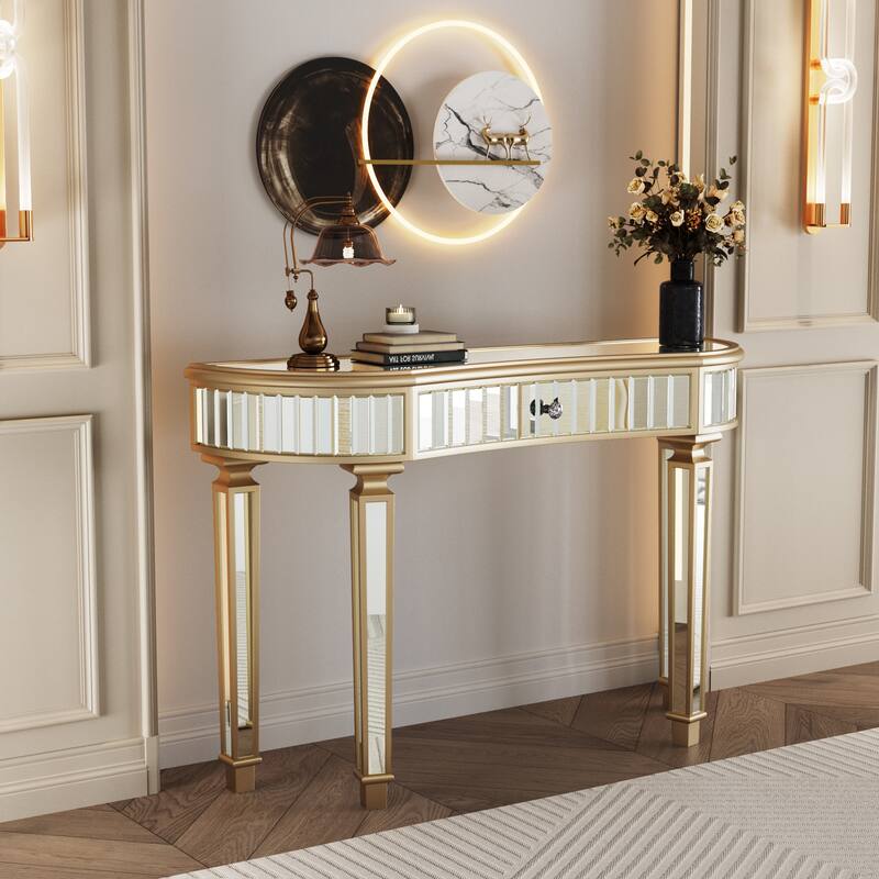 Roomfitters 47" Half-Moon Mirrored Console Table, Fluted Glass Entryway Vanity with Crystal Knob Drawer