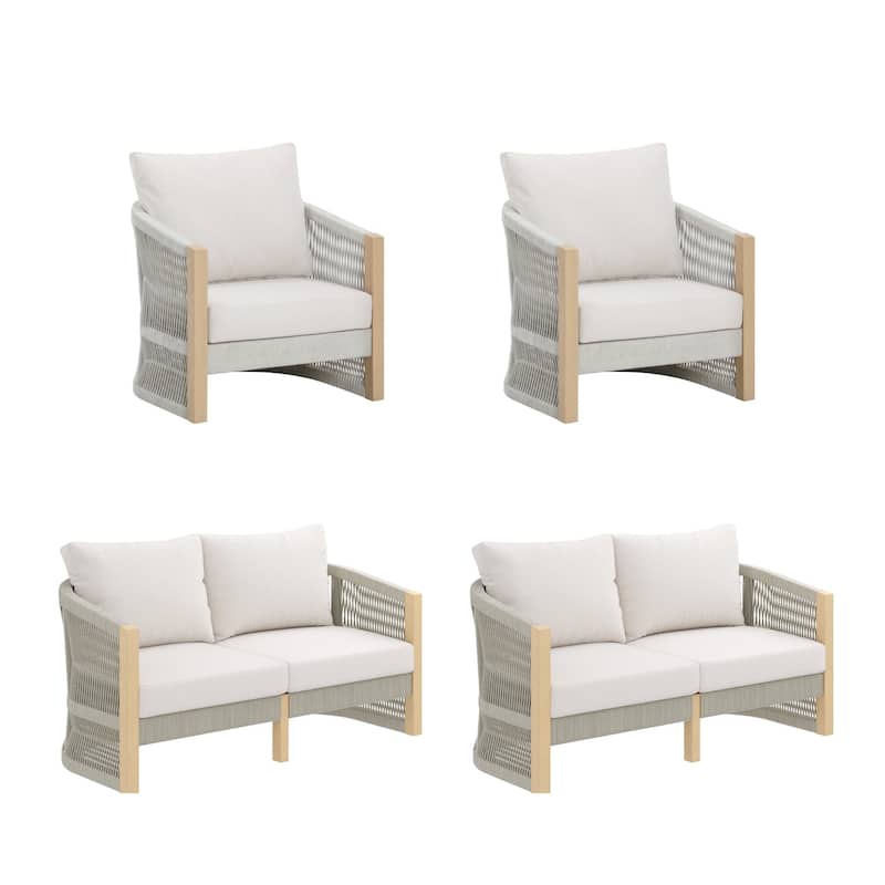 Jagger Farmhouse Patio Seating with Solid Acacia Wood Frame, Cushions, and Rope Accent