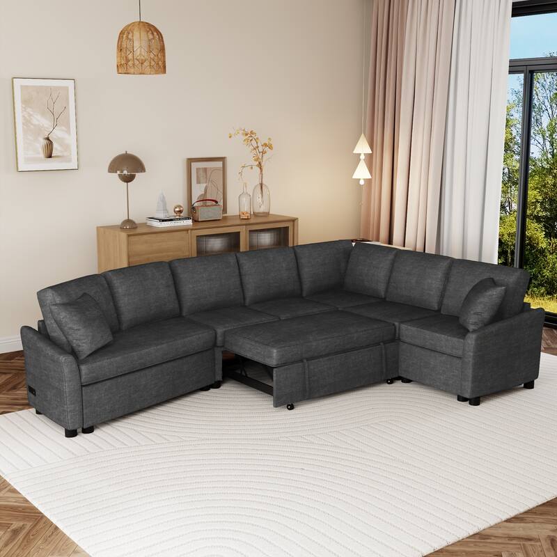 124.8" L-shaped Convertible Sectional Sofa with Pillows and USB Ports