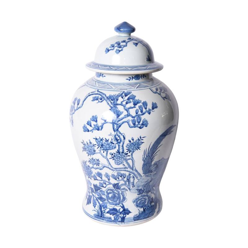 Blue & White Magnolia Pheasant Porcelain Temple Jar - 12x12x20