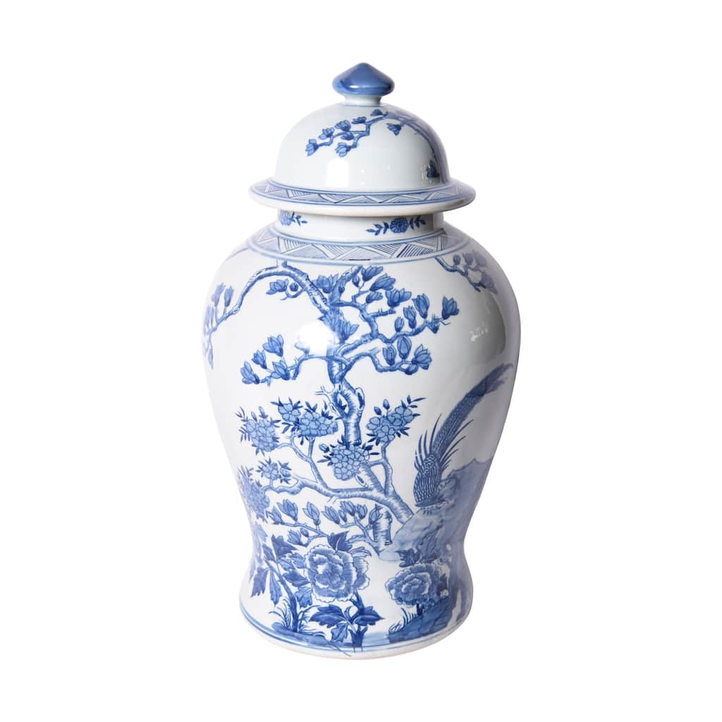 Blue & White Magnolia Pheasant Porcelain Temple Jar - 12x12x20