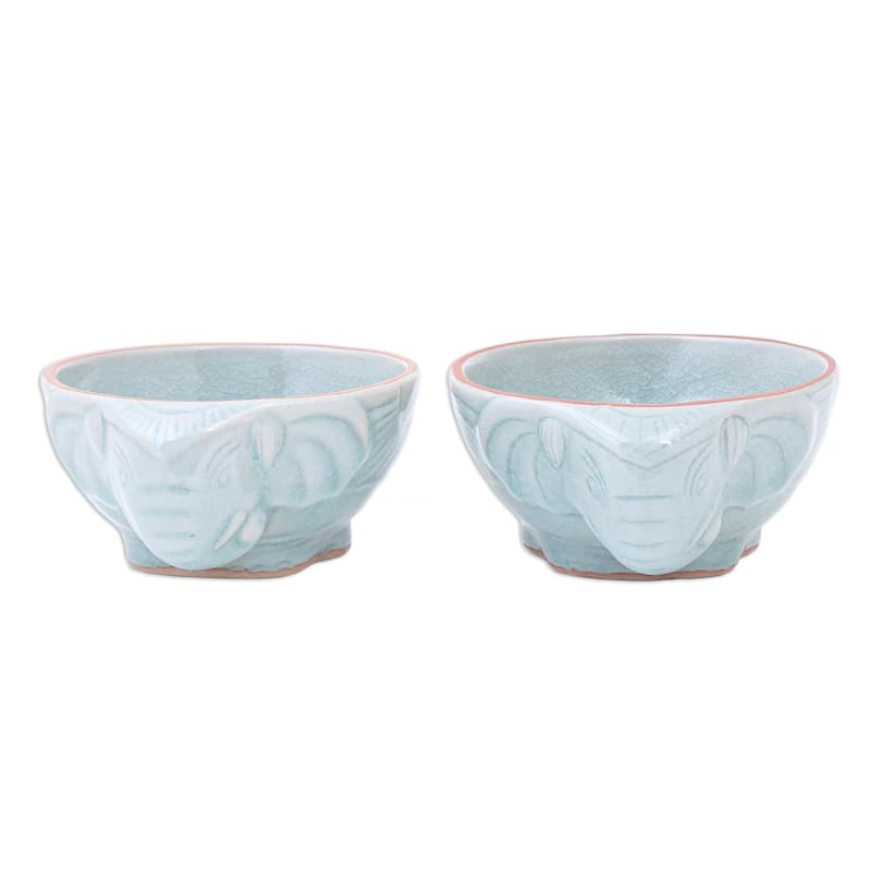 Novica Handmade Elephant Companion In Aqua Celadon Ceramic Bowls (Pair)