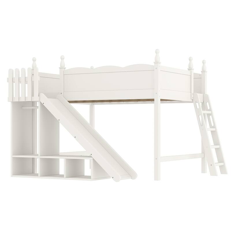 Queen Loft Bed with Storage Shelves and Wardrobe, Solid Wood Loft Beds with Detachable Slide and Ladders, No Spring Box Needed