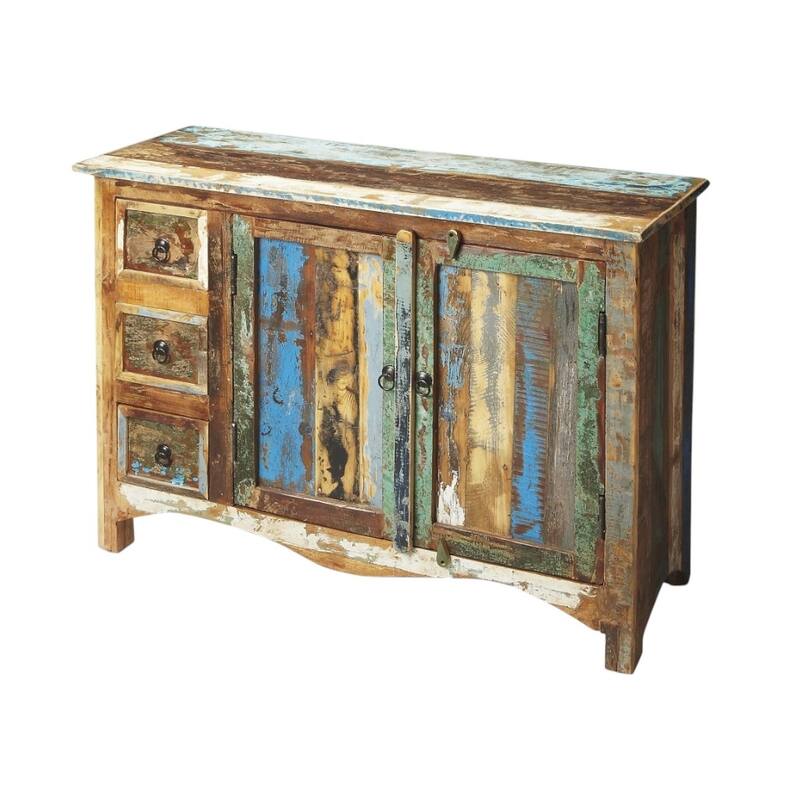 HomeRoots 44" Brown Green and Gray Solid Wood Three Drawer Sideboard with Two Doors - 43.5' X '33' X '15.75
