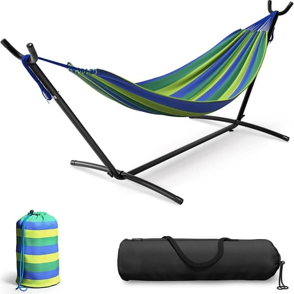 slide 2 of 14, Sorbus 2-Person Hammock with Stand, 60" Cotton Blend Bed, Heavy Duty 450lbs Capacity, Portable with Carrying Case, Washable Blue/Green