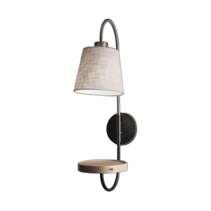 Antique Brass Metal Wall Lamp with Shelf USB Port and Off-White Shade - 13” x 7” x 25” (D x W x H)