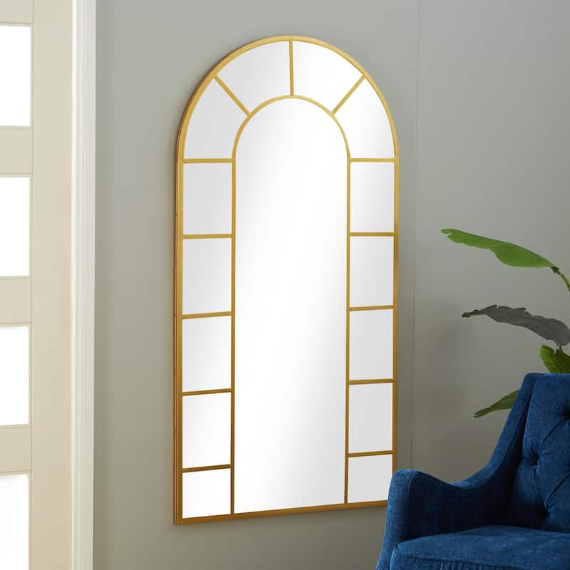 Black or Gold Metal Window Pane Inspired Room Wall Mirror with Arched Top - Gold