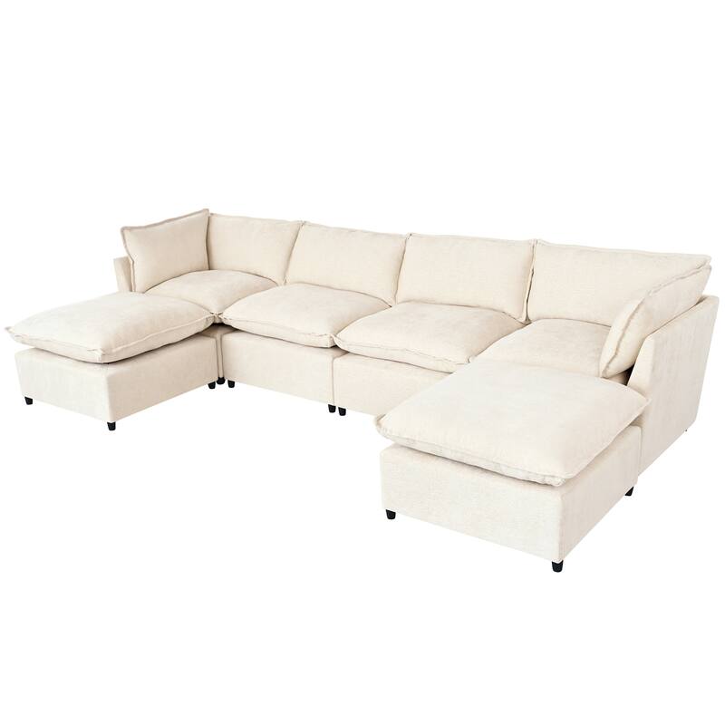 U-Shape Sectional Sofa Upholstered Couch with Removable Cushions and Solid Wood Frame, Modular Sofa 2 with Movable Ottoman