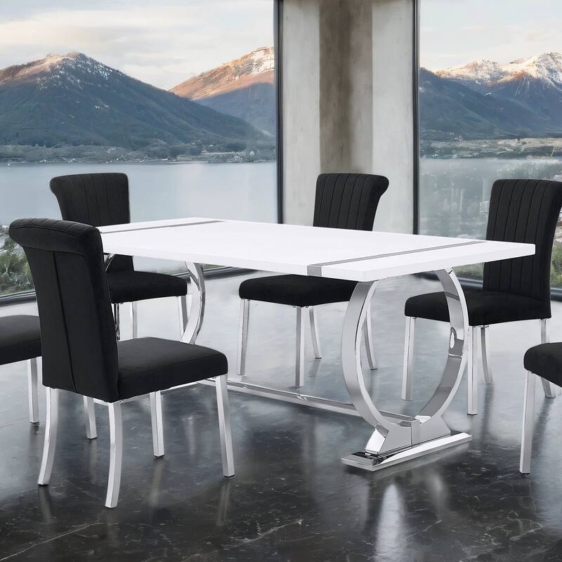 Modern 7PC Dining Set Silve Black Finish Trestile Base Table and Side Chairs