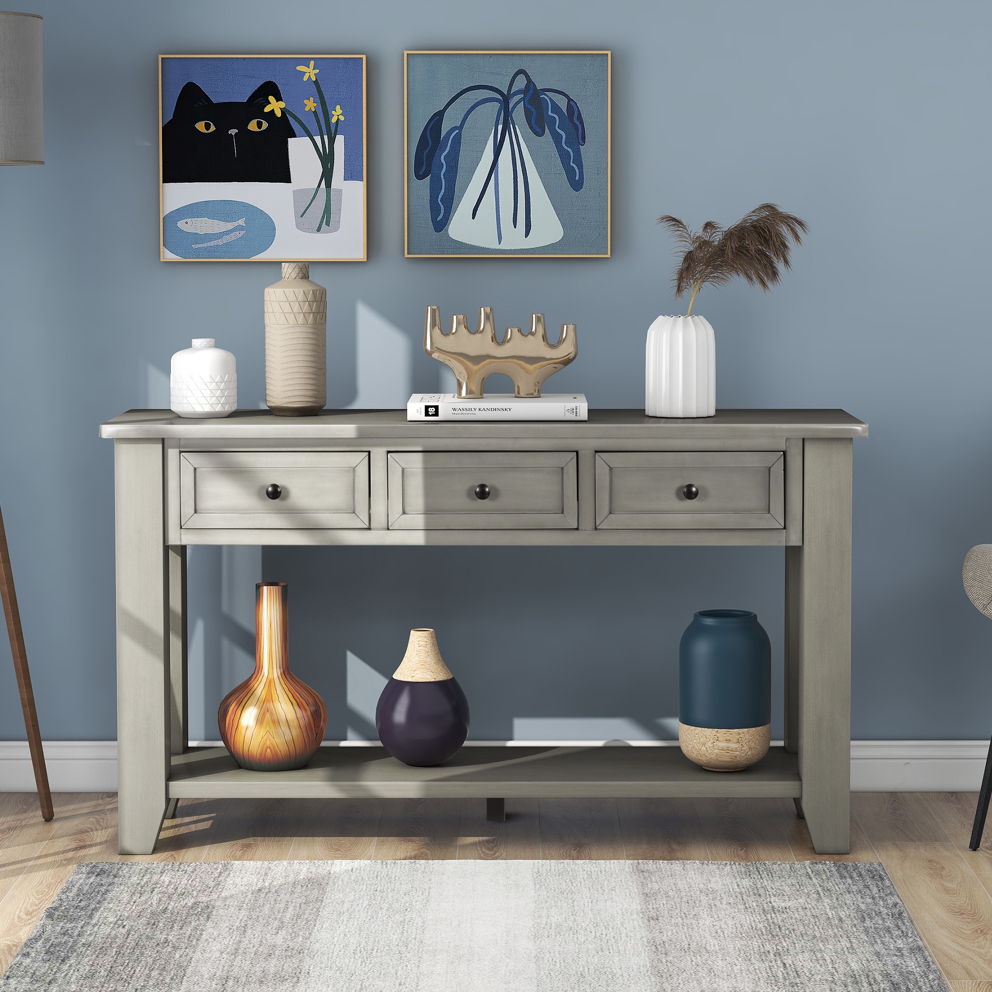 Modern grey console store table with drawers