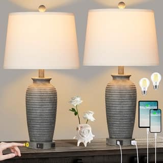 Set of 2 Bedside Resin Table Lamps with 3-Way Touch Control and Dual USB Ports