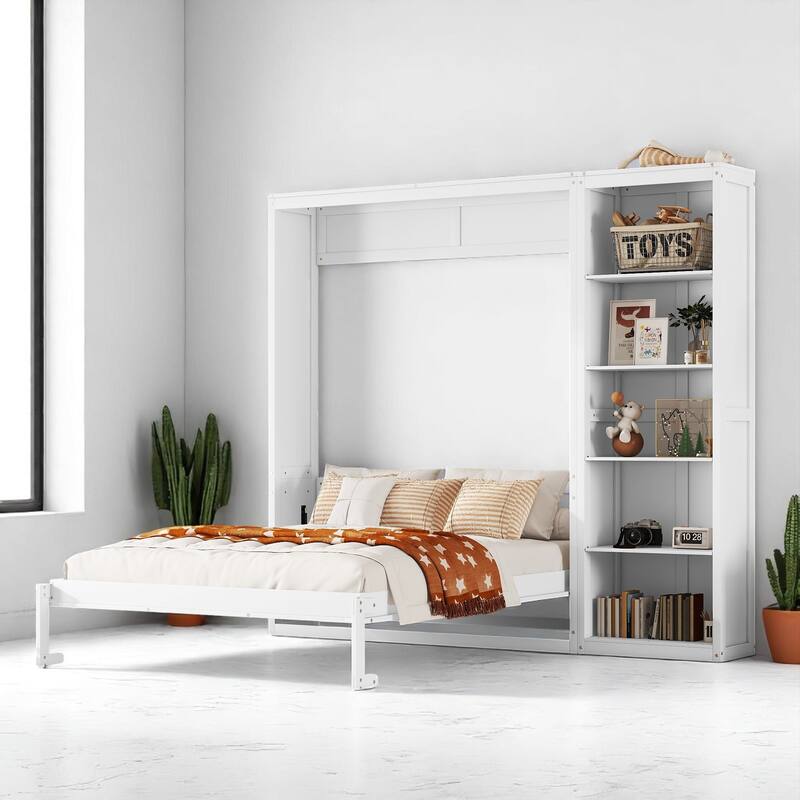 Full/Queen Size Murphy Wall Bed with Shelves, Foldable Cabinet Bed with Storage, Plywood MDF Frame