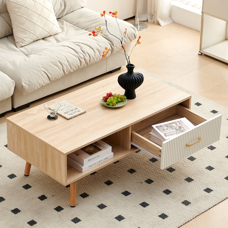 Modern Rectangular Coffee Table with Sliding Drawers and Storage Space, for Living Room, Natural Wood Color