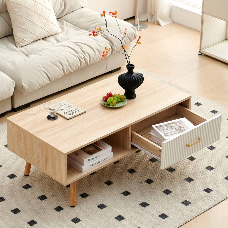 Rectangle Coffee Table with Solid Wood Legs, Sliding Drawer for Storage, Modern Table for Living Room