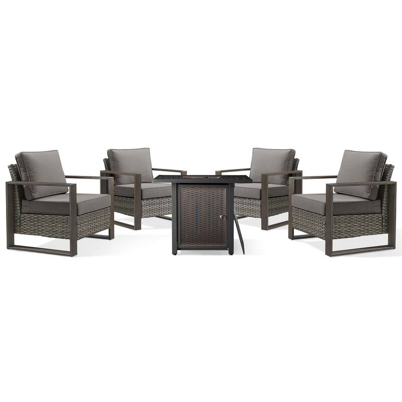 Meyreso 5-Piece Wicker Patio Conversation Set with Metal Fire Pit & Plush 4.5" Olefin Cushions