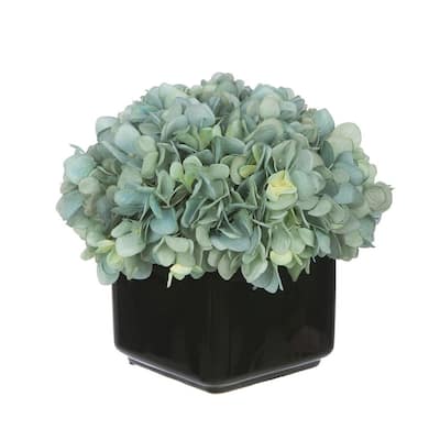 Faux Hydrangea in Small Black Cube Ceramic Vase