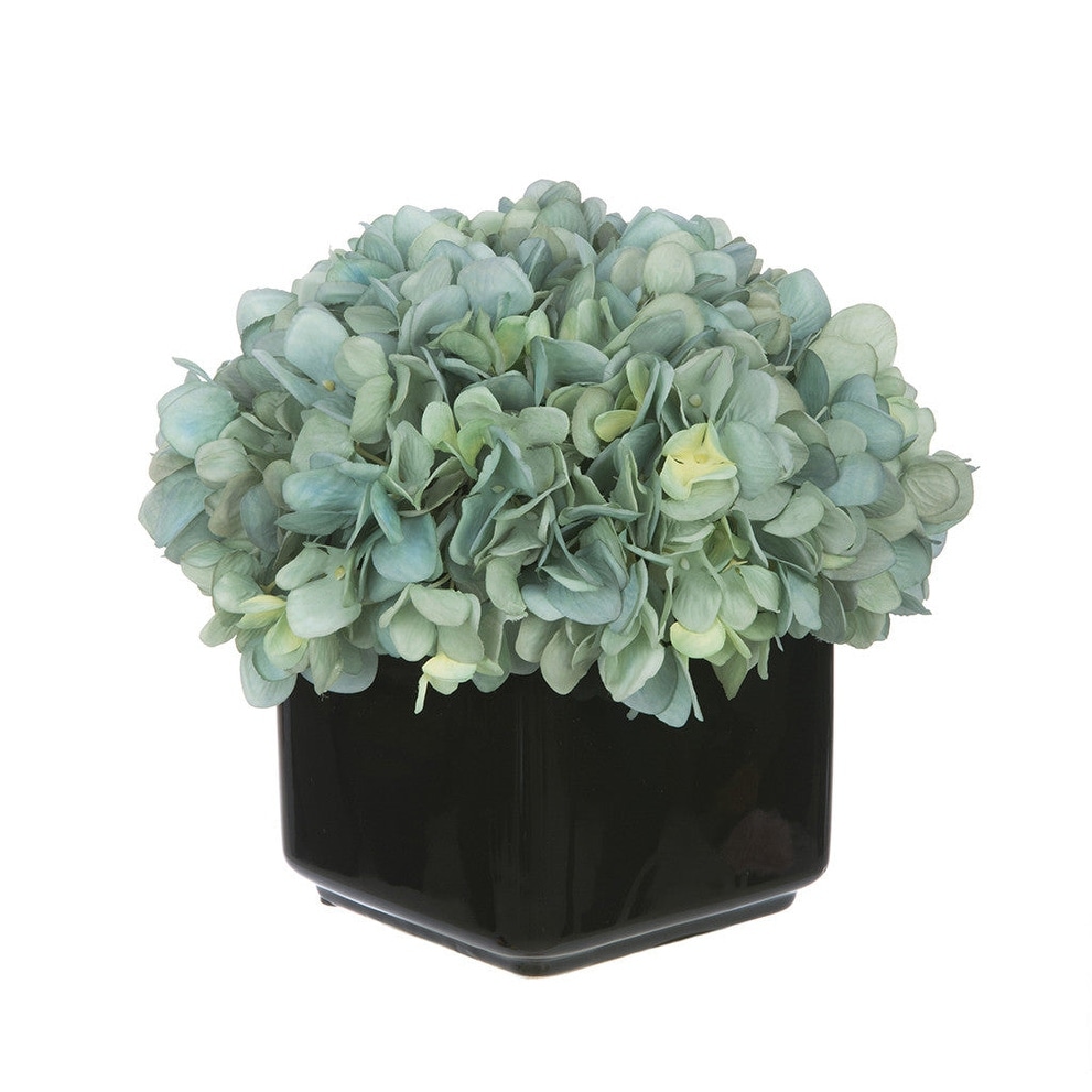 Faux Hydrangea in Small Black Cube Ceramic Vase
