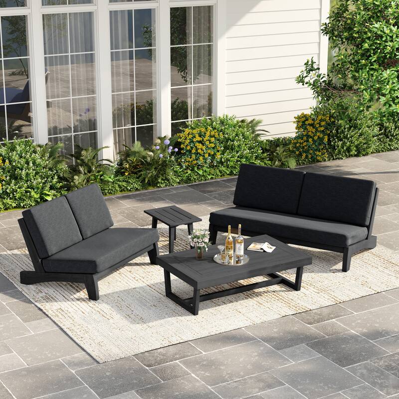 Casual Teak Outdoor Patio Conversation Set with Cushioned Sofa Loveaseat