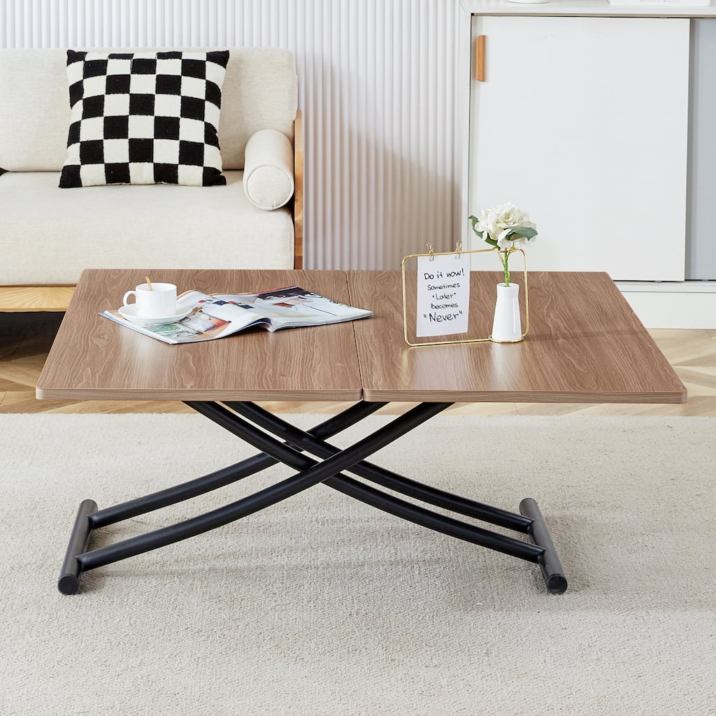 Roomfitters Multifunctional Lifting Table with Wood Grain Surface, Adjustable Coffee Dining Desk with Metal Legs, Natural
