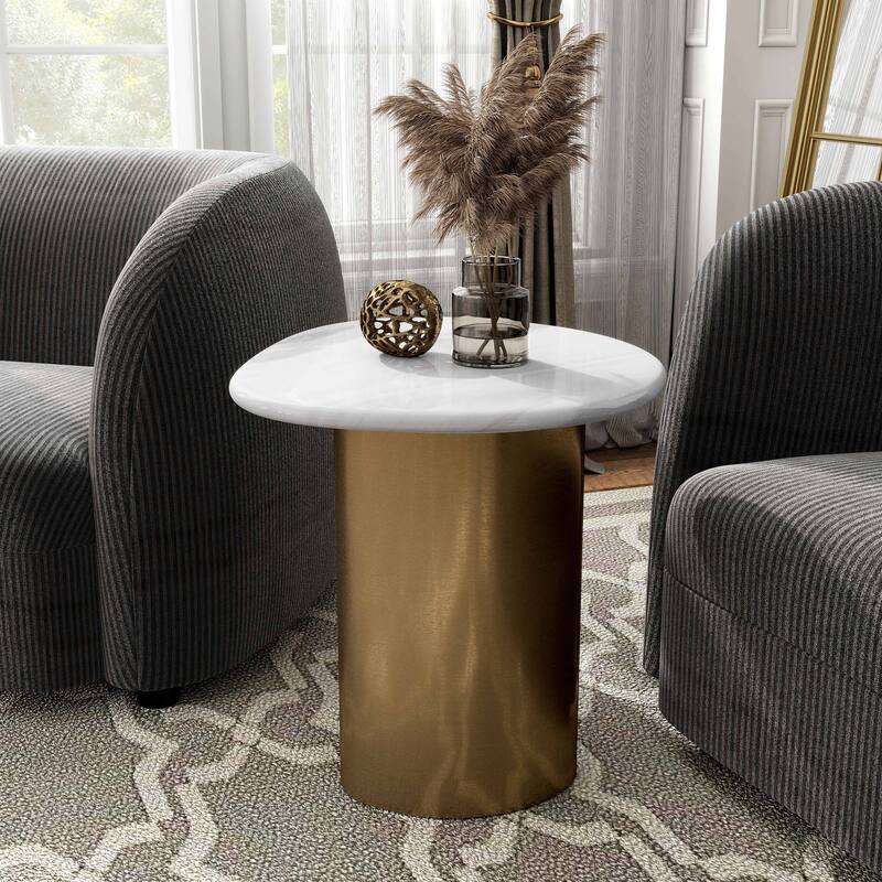 Furniture of America Luvien Modern White Sintered Stone Top End Table with Gold Pedestal Base