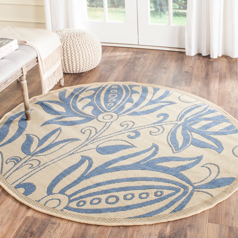 SAFAVIEH Courtyard Leatrice Indoor/ Outdoor Patio Backyard Rug - 5'3" x 5'3" Round - Natural/Blue