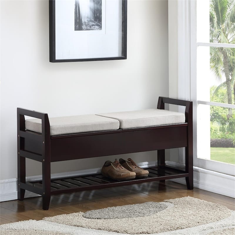 Fabric Upholstery Storage Shoe Bench with Shelf and Lifted Up Seats